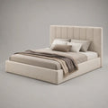 Letto matrimoniale contenitore beige in tessuto con testiera imbottita, rete sollevabile, superficie 160 x 200 cm, dimensioni 180 x 220 x 120 cm