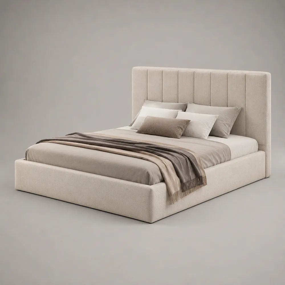 Letto matrimoniale contenitore beige in tessuto con testiera imbottita, rete sollevabile, superficie 160 x 200 cm, dimensioni 180 x 220 x 120 cm