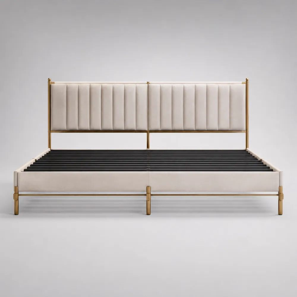 Letto matrimoniale imbottito 160 x 200 cm in velluto crema e acciaio dorato con rete a doghe