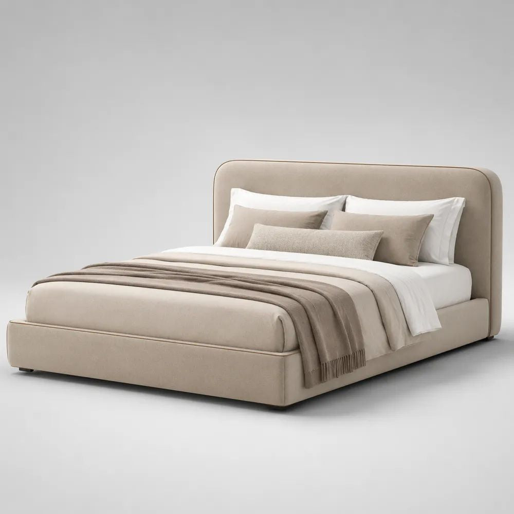 Letto matrimoniale imbottito beige 180 × 218 × 112 cm, per materasso 160 × 200 cm, con testiera arrotondata e rete a doghe