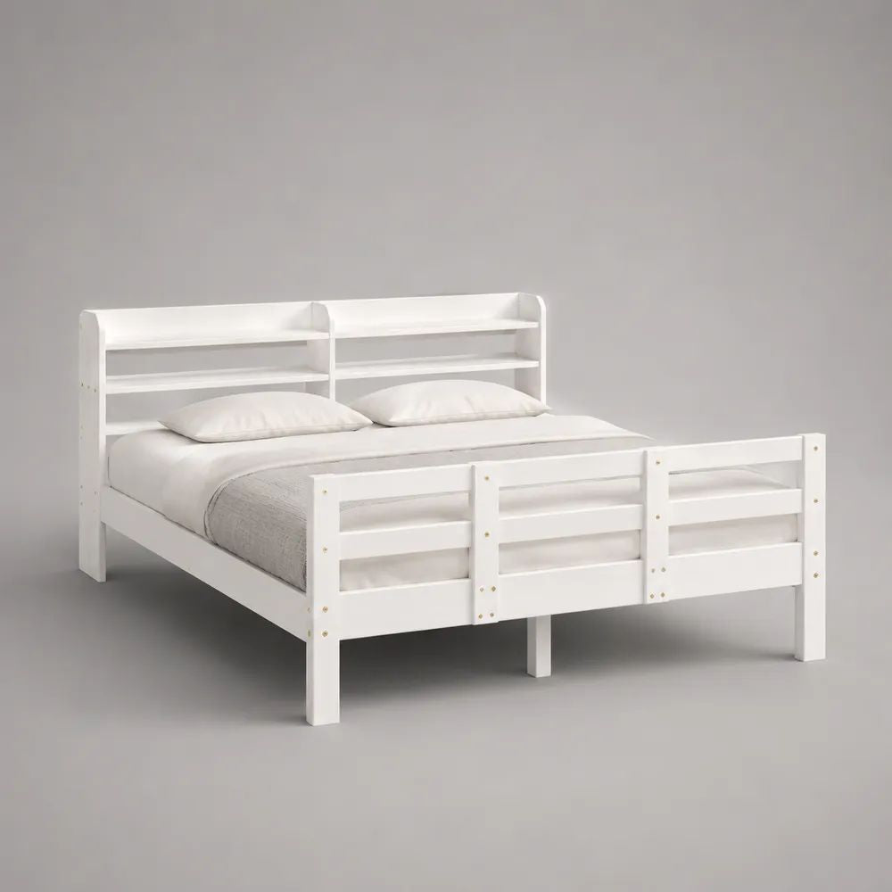 Letto matrimoniale bianco in pino massello con testiera libreria e rete a doghe, 160 x 200 cm