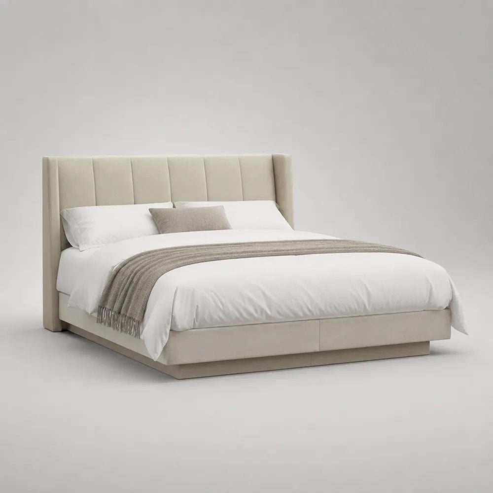 Letto matrimoniale imbottito in tessuto beige con testiera a pannelli, per materasso 160 x 200 cm, 190 x 220 x 120 cm
