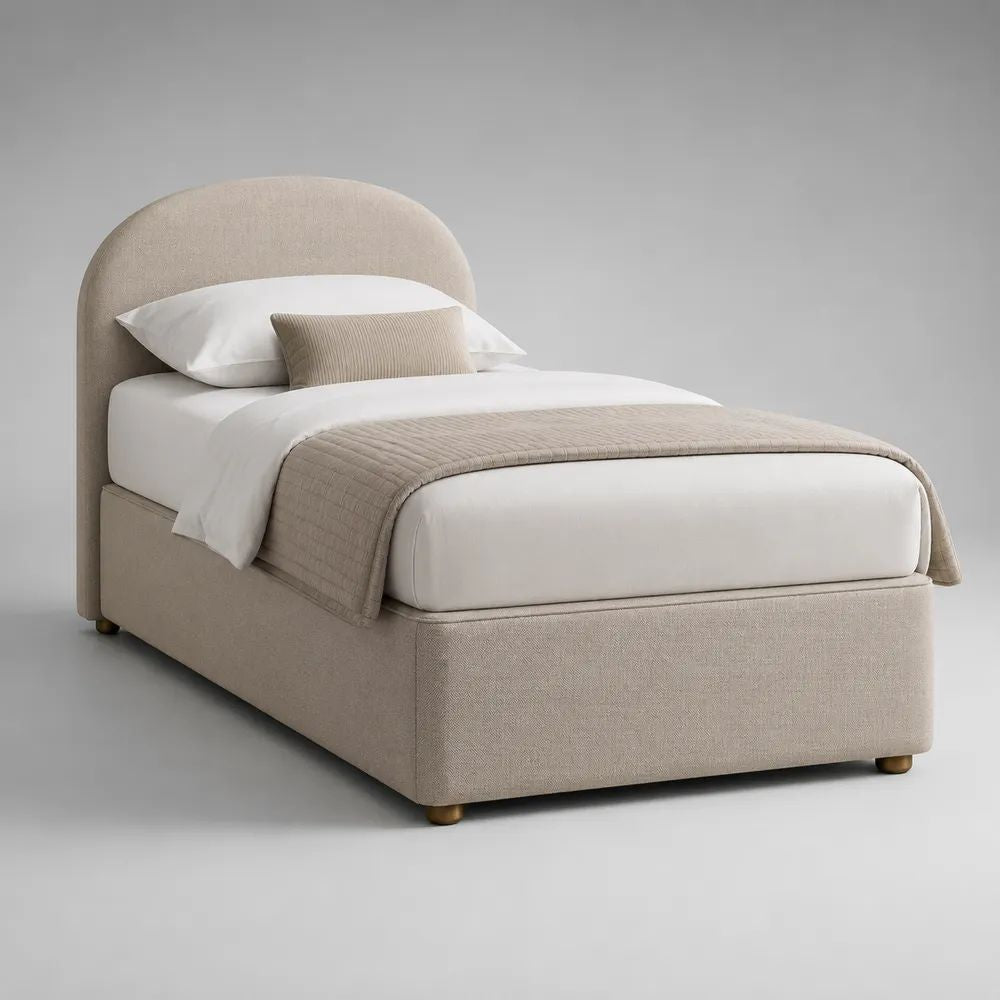 Letto singolo imbottito in tessuto beige con testiera arcuata e rete a doghe, per materasso 90 x 200 cm, 215 x 105 x 120 cm
