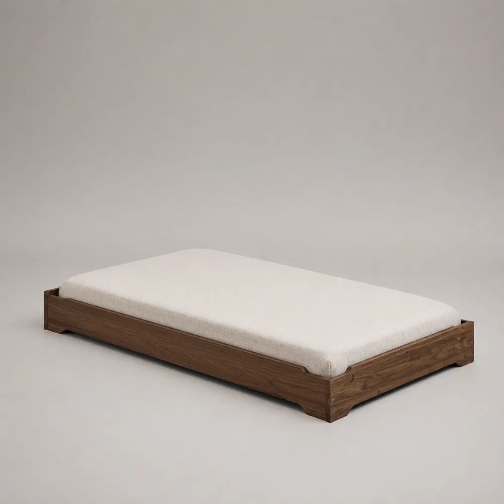 Letto singolo basso in legno marrone con rete a doghe, per materasso 90 x 200 cm, dimensioni 205 x 95 x 25 cm
