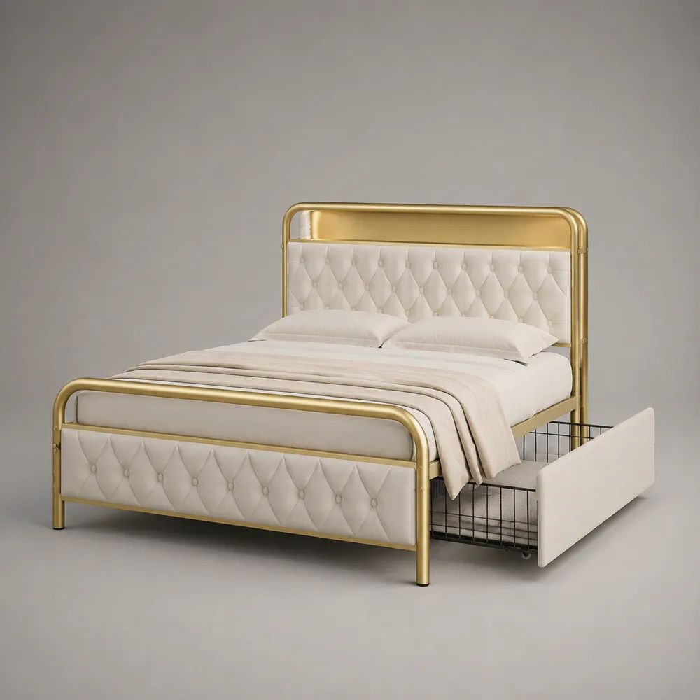 Letto matrimoniale 160 x 200 cm avorio e oro con testiera capitonné, struttura in acciaio e cassetto contenitore