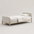 Letto singolo imbottito beige chiaro 90 x 200 cm in legno massello di caucciù e tessuto poliestere, dimensioni 210 x 101 x 90 cm
