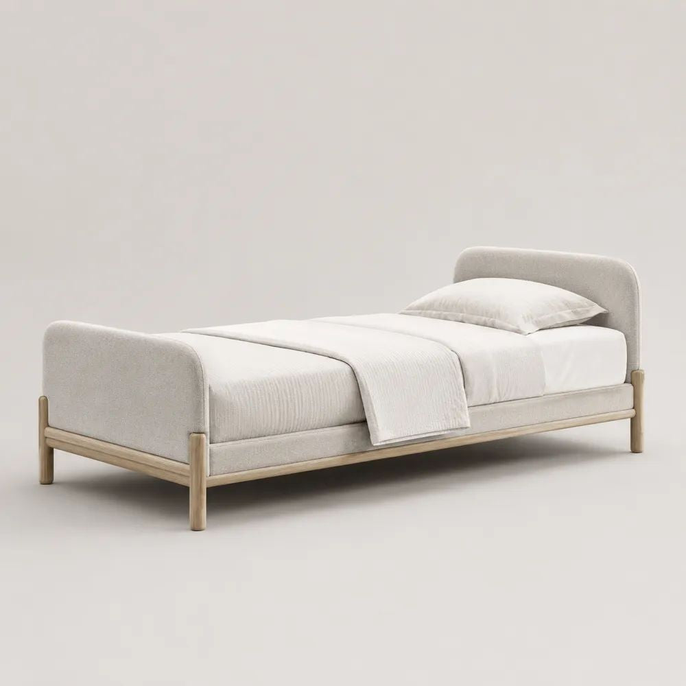 Letto singolo imbottito beige chiaro 90 x 200 cm in legno massello di caucciù e tessuto poliestere, dimensioni 210 x 101 x 90 cm