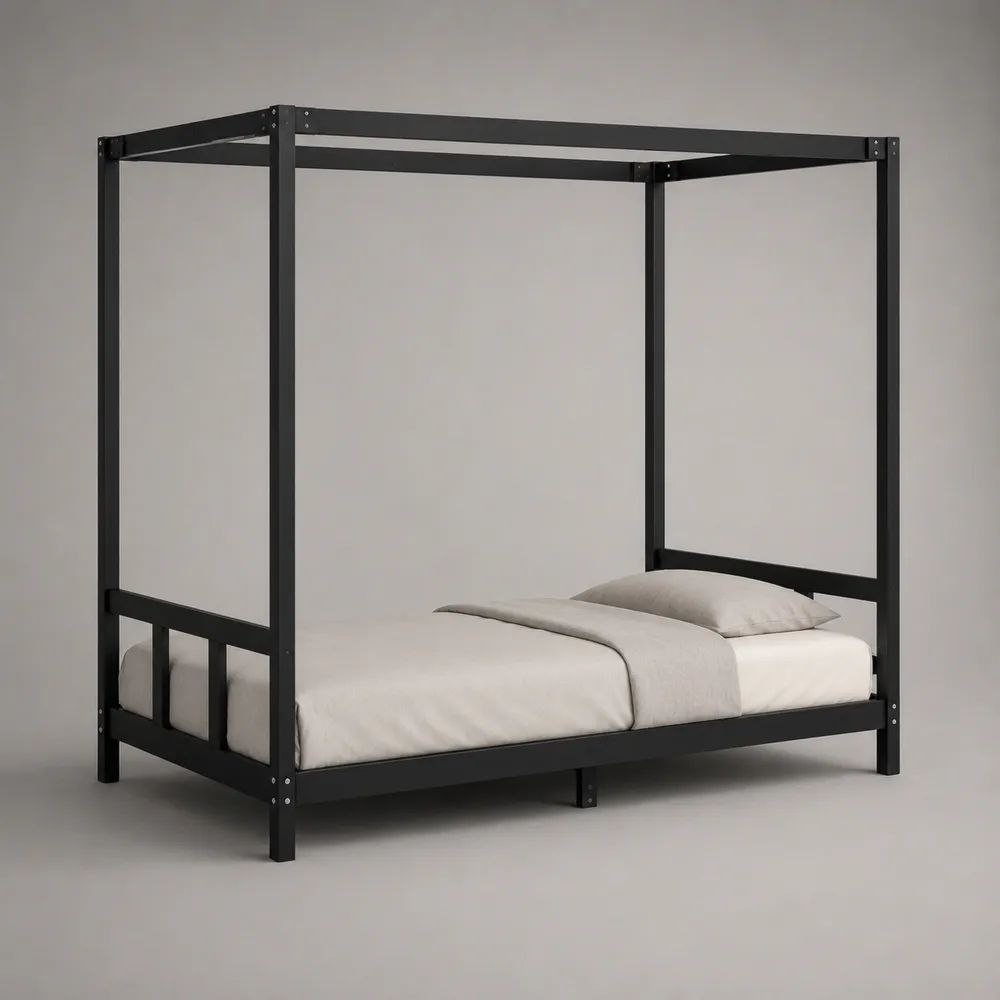 Letto a baldacchino matrimoniale in legno nero con rete a doghe, materasso 160 x 200 cm, dimensioni 208 x 168 x 200 cm