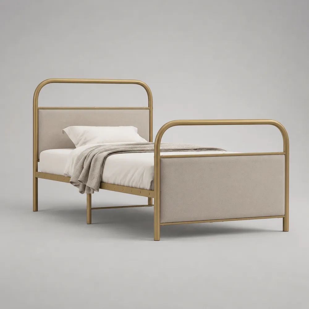 Letto singolo rettangolare 90 x 200 cm in acciaio color oro con testiera e pediera imbottite beige