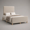 Letto matrimoniale imbottito beige in poliestere con testiera alta e pediera, 175 x 218 x 130 cm, per materasso 160 x 200 cm