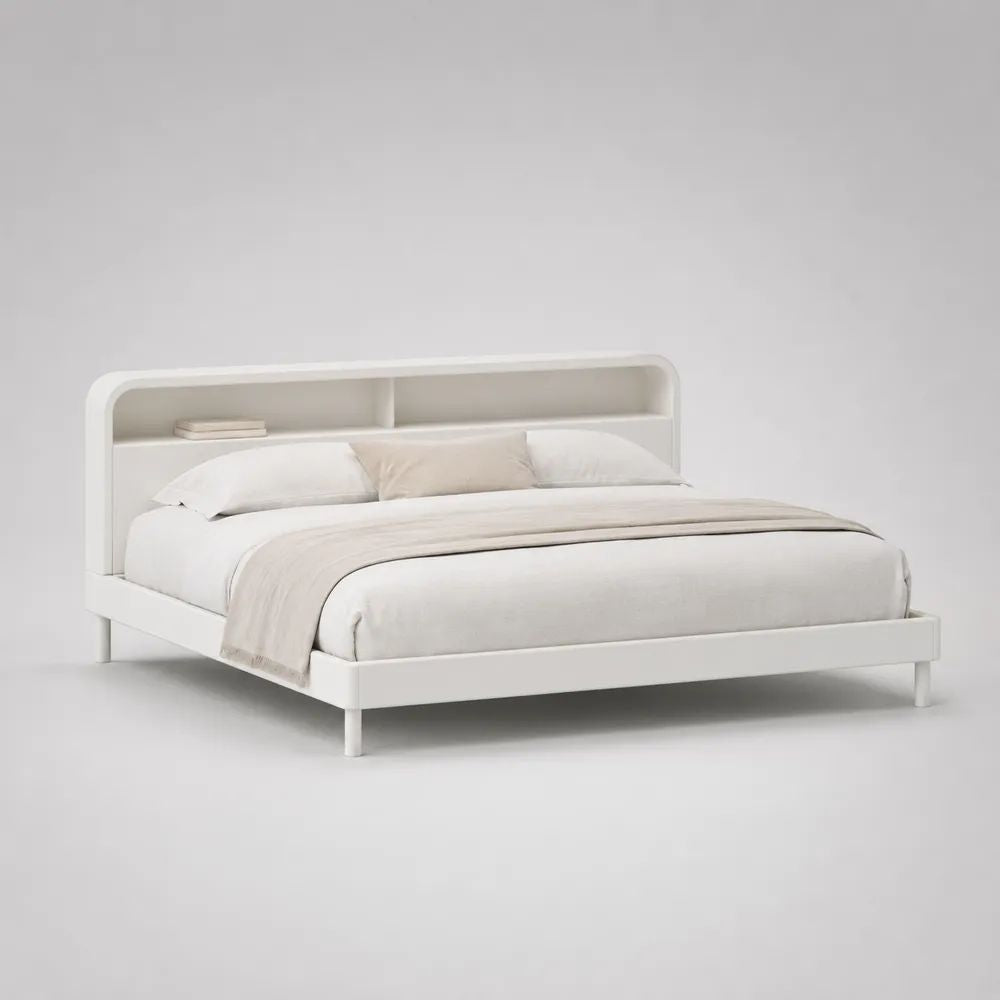 Letto matrimoniale bianco con testiera a ripiani in MDF e acciaio, 170 x 218 x 110 cm, per materasso 160 x 200 cm