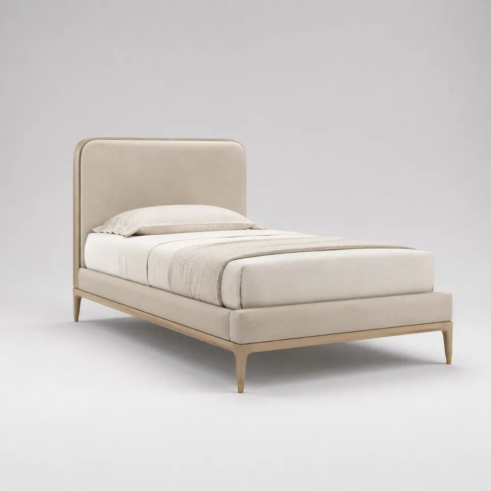 Letto singolo imbottito beige rettangolare 105 x 215 x 120 cm, per materasso 90 x 200 cm, in poliestere e legno massello