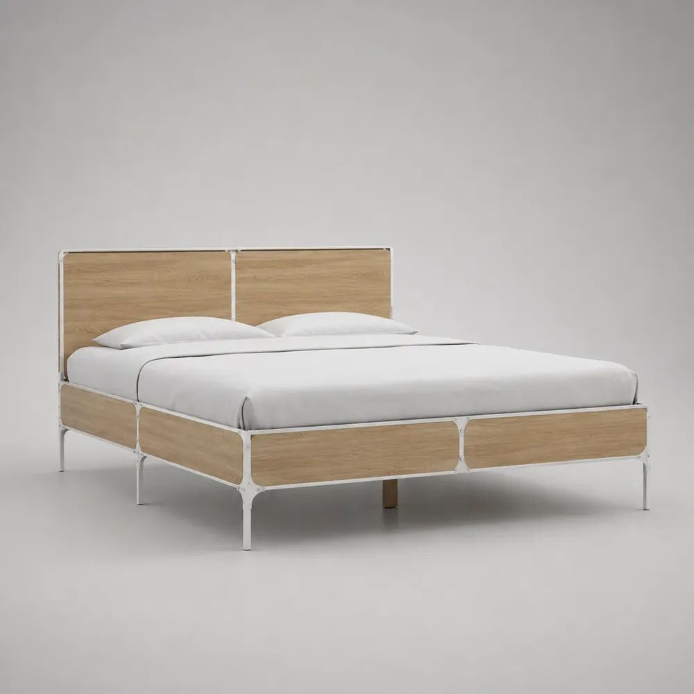 Letto matrimoniale 168 x 208 x 110 cm per materasso 160 x 200 cm, rovere naturale e bianco, in acciaio e MDF impiallacciato rovere