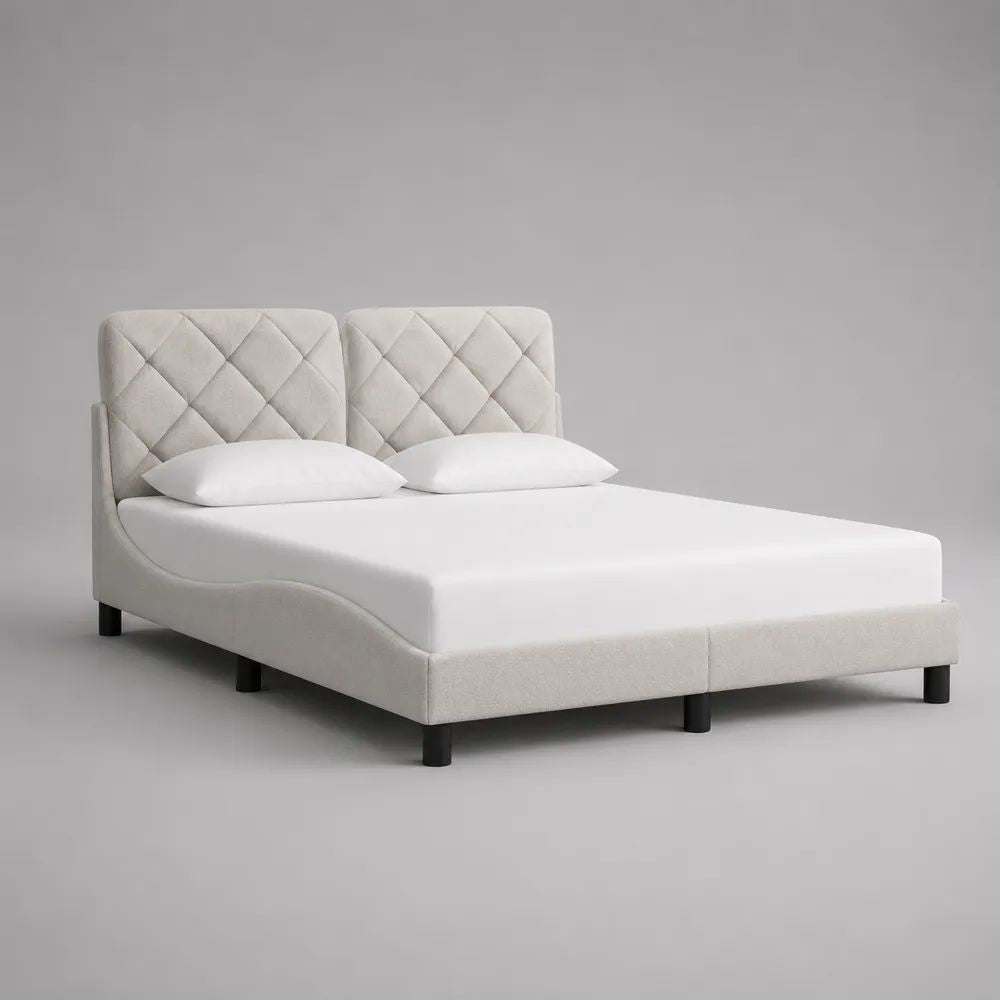 Letto matrimoniale imbottito avorio con gambe nere, testiera trapuntata e rete a doghe, per materasso 160 x 200 cm, dimensioni 170 x 215 x 115 cm
