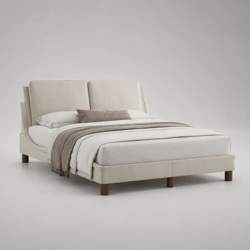 Letto matrimoniale imbottito beige 160 x 200 cm con testiera a pannelli e piedini in legno marrone noce