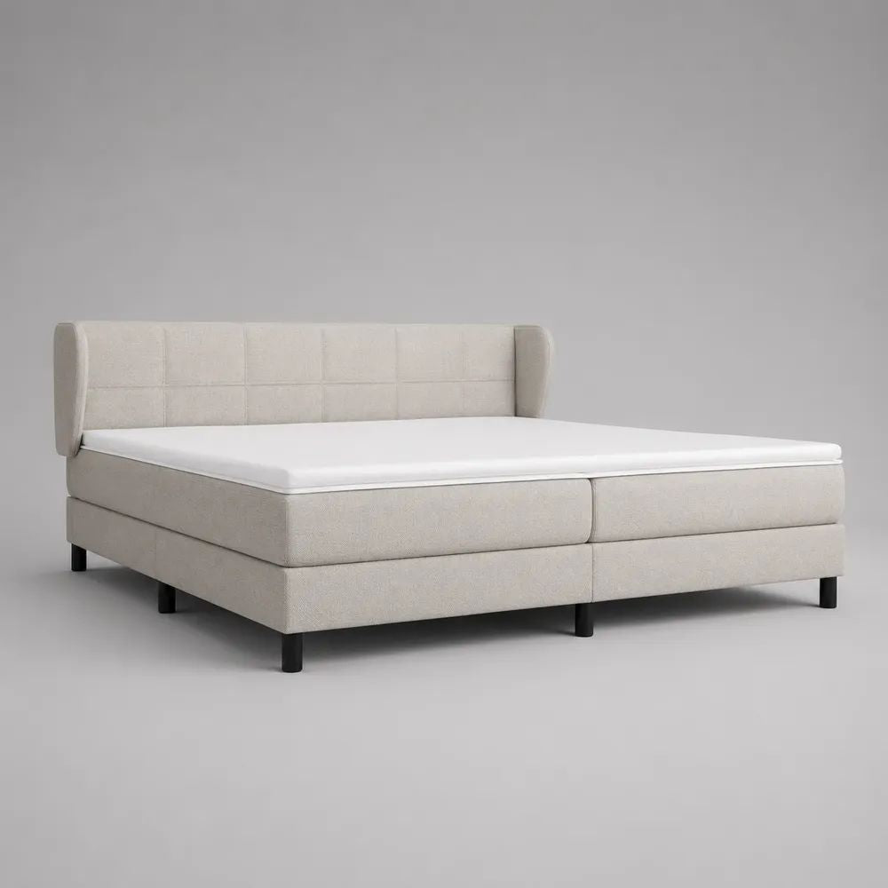 Letto matrimoniale boxspring in tessuto beige 180 x 200 cm con testiera imbottita, topper bianco e piedini neri