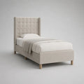 Letto singolo imbottito beige 90 x 200 cm, 104 x 216 x 150 cm, con testiera capitonné e piedini in legno