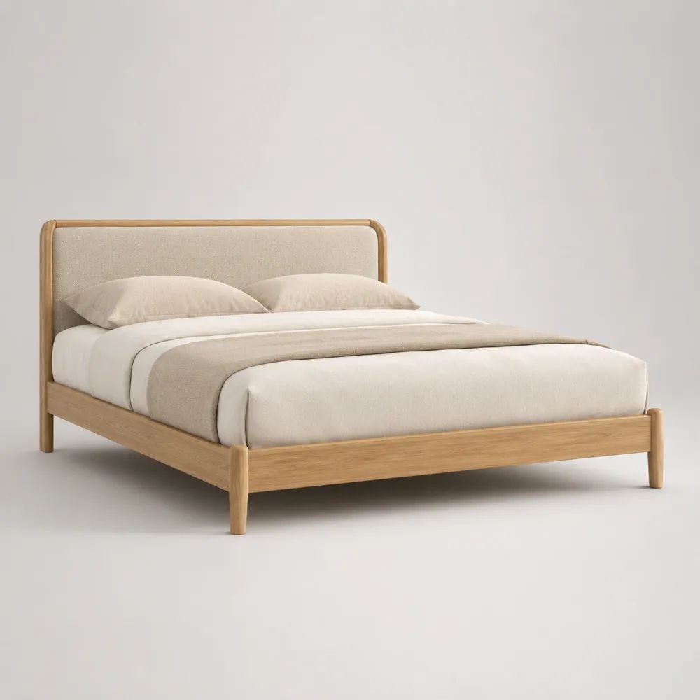 Letto matrimoniale rettangolare 160 x 200 cm in rovere massello naturale con testiera imbottita beige