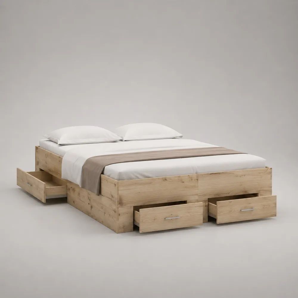 Letto matrimoniale contenitore in legno con 3 cassetti, rovere naturale, per materasso 160 × 200 cm, dimensioni 206 × 166 × 65 cm