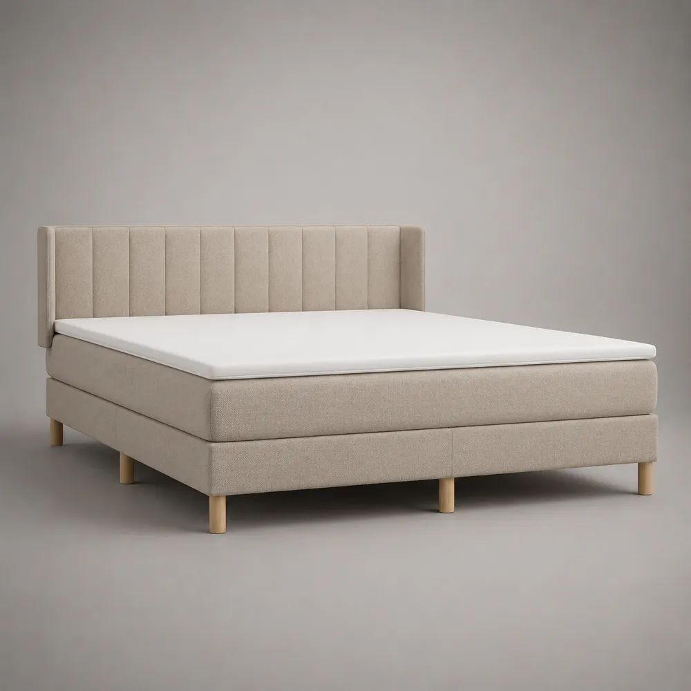 Letto boxspring matrimoniale beige 160 x 200 cm in tessuto con testiera, materasso e topper