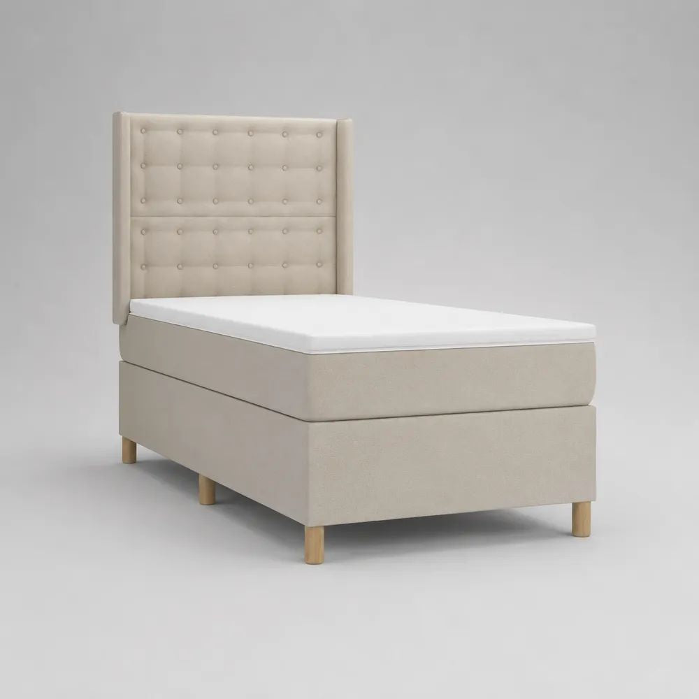 Set letto singolo imbottito 4 pezzi 100 × 210 × 120 cm, superficie letto 90 × 200 cm, beige e bianco, con testiera capitonné, materasso e sovramaterasso