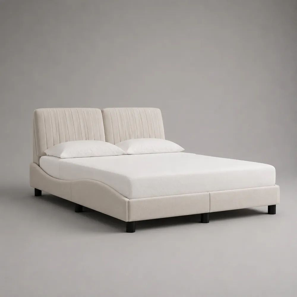 Letto matrimoniale imbottito crema in tessuto, 180 x 200 cm, con doppia testiera e rete a doghe