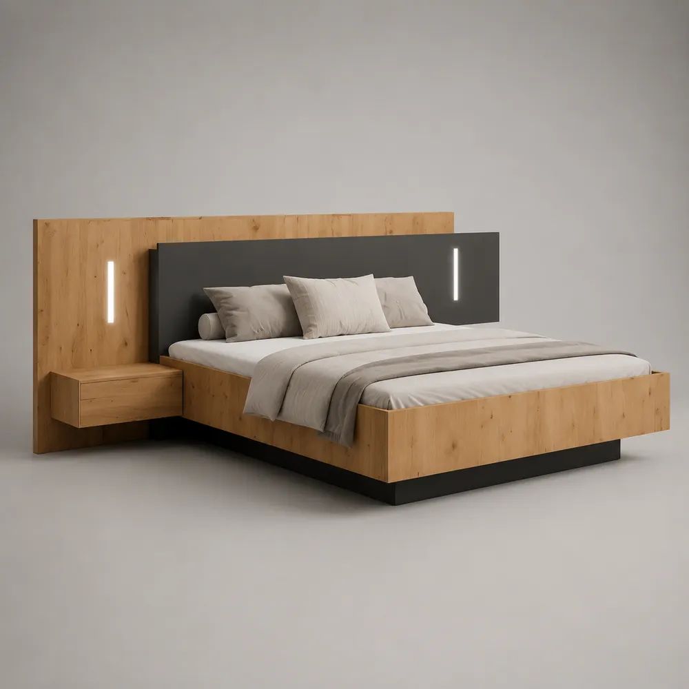 Letto matrimoniale contenitore in legno 160 x 200 cm rovere naturale e antracite con testiera LED e comodino sospeso