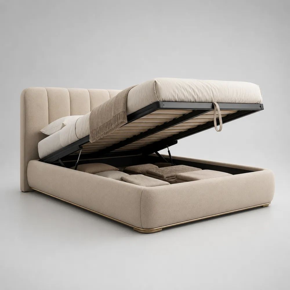 Letto matrimoniale contenitore beige 160 × 200 cm imbottito in tessuto con rete a doghe e testiera