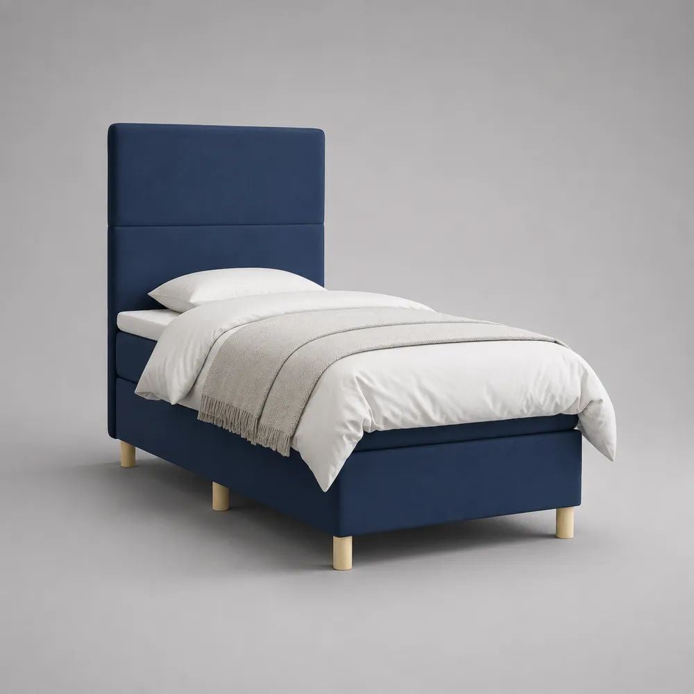 Letto singolo imbottito blu scuro con testiera alta, rete 90 × 200 cm, dimensioni 100 × 214 × 135 cm, rivestimento in tessuto e struttura in legno