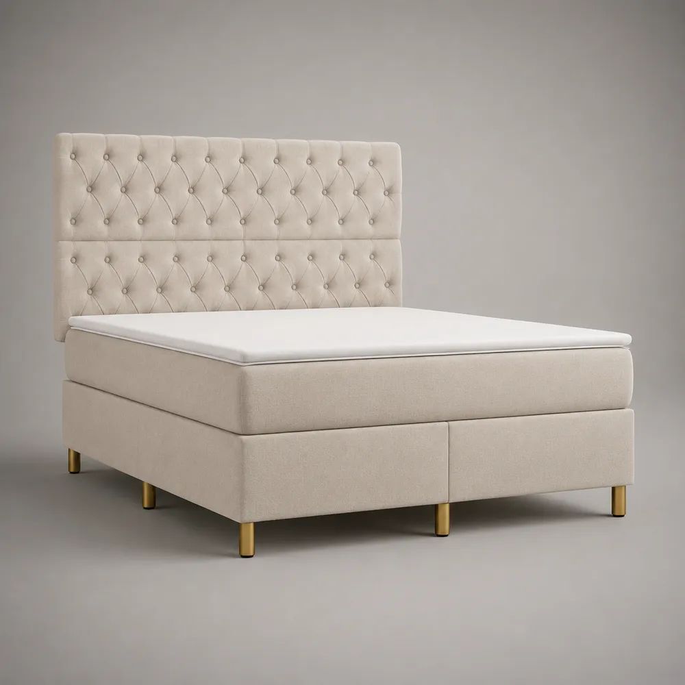 Letto matrimoniale continentale in tessuto beige e oro 160 x 200 cm con materasso, sovramaterasso e testiera capitonné