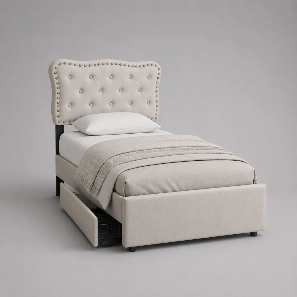 Letto singolo imbottito beige 90 × 200 cm con testiera capitonné, borchie e cassetto laterale