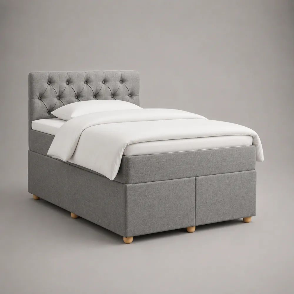 Letto singolo contenitore 90 x 200 cm grigio chiaro in tessuto, con materasso, testiera capitonné e 2 cassetti