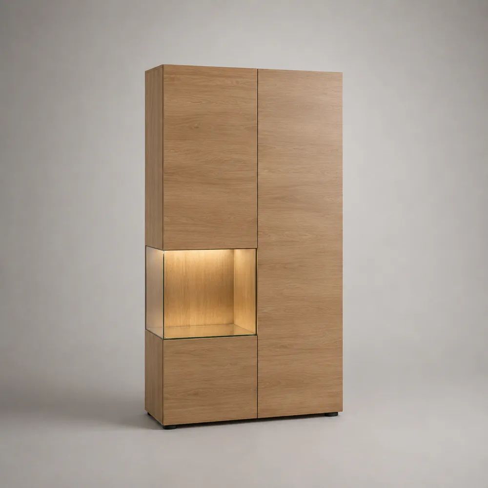 Vetrina da soggiorno con LED, 3 ante, rovere naturale, in MDF impiallacciato e vetro temperato, 100 x 40 x 200 cm