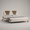 Letto matrimoniale imbottito 220 x 202 x 110 cm per materasso 180 x 200 cm, bianco avorio, marrone e tortora, con testiera in tessuto e similpelle