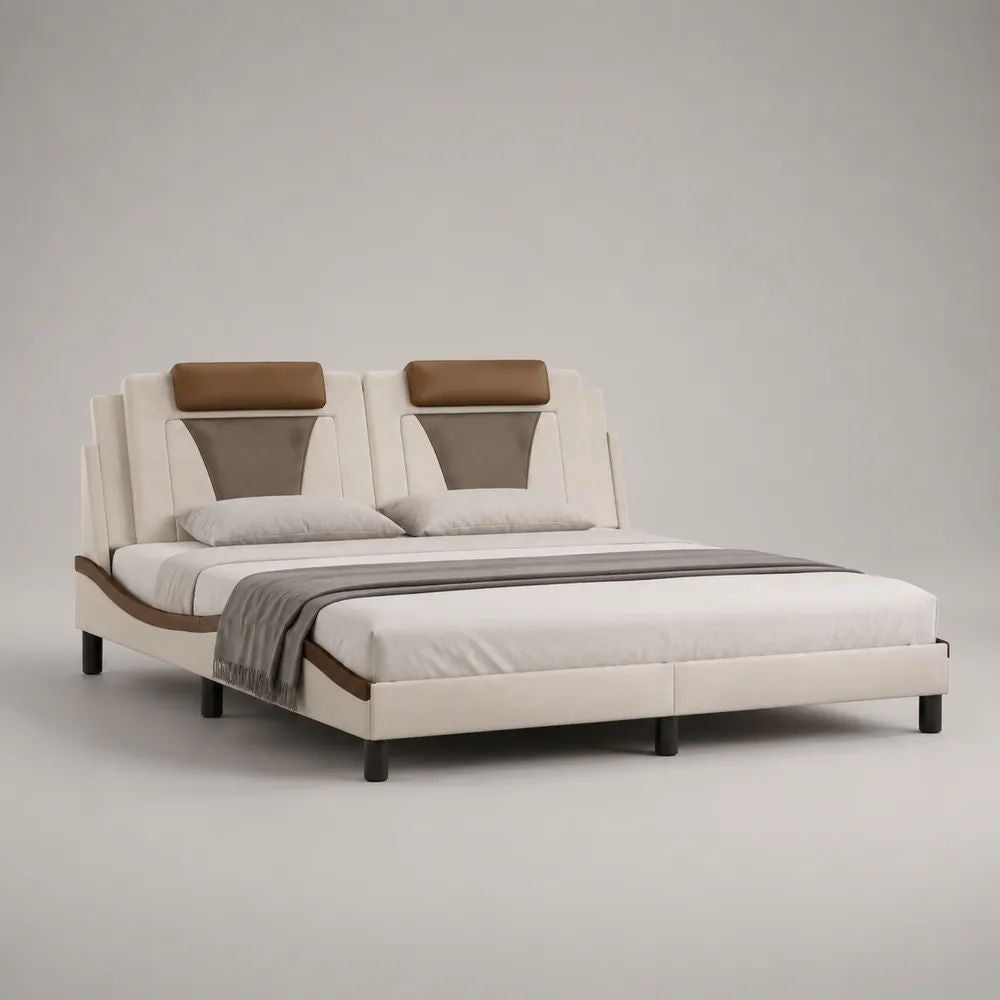 Letto matrimoniale imbottito 220 x 202 x 110 cm per materasso 180 x 200 cm, bianco avorio, marrone e tortora, con testiera in tessuto e similpelle