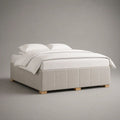 Letto matrimoniale imbottito con materasso 160 x 200 cm, struttura in MDF e multistrato, rivestimento in poliestere beige, dimensioni 166 x 206 x 65 cm