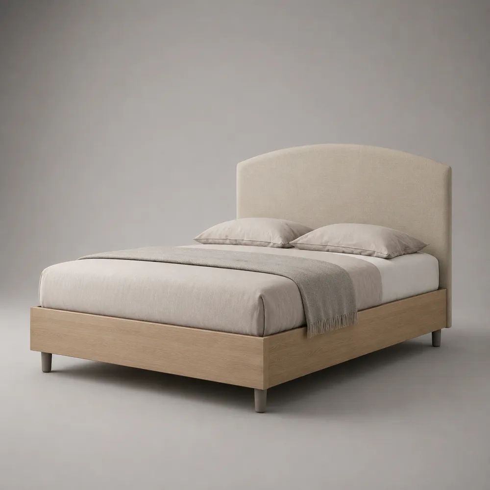 Letto matrimoniale 160 × 200 cm beige e rovere naturale con testiera imbottita, struttura in legno e rete a doghe