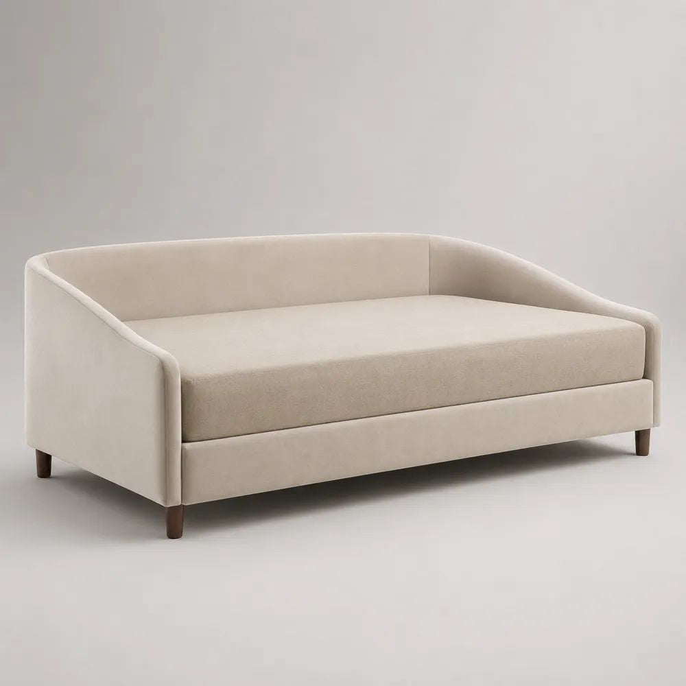 Letto singolo contenitore imbottito in velluto beige 90 x 200 cm con schienale e braccioli