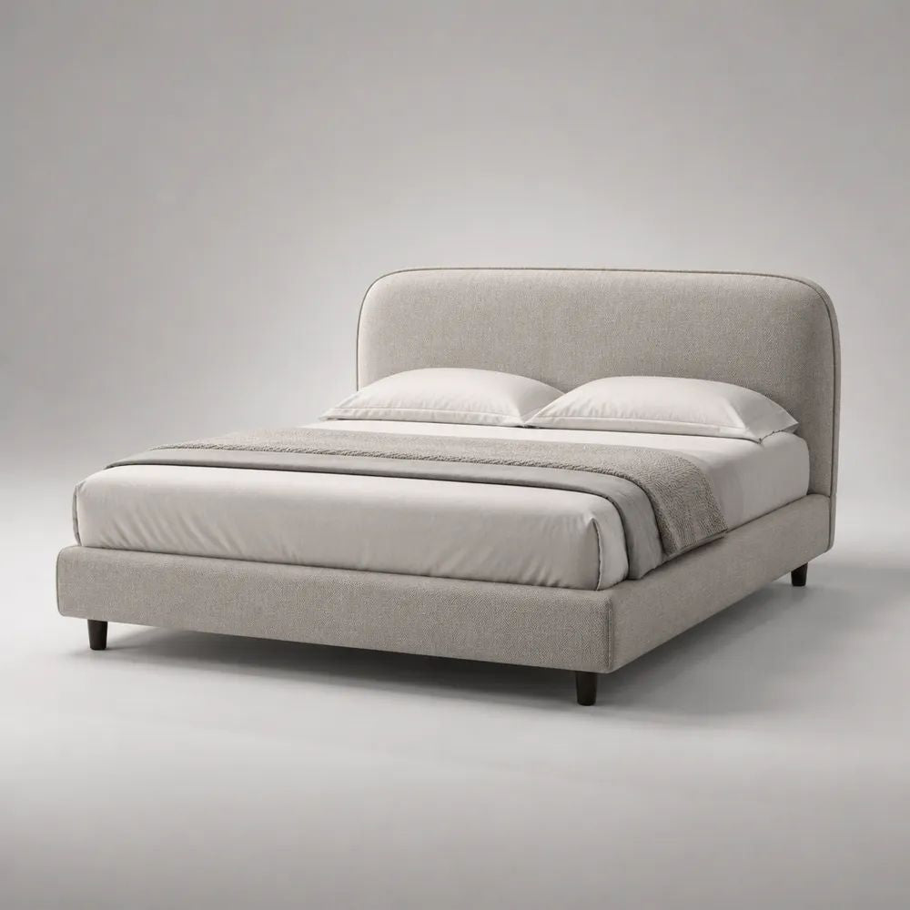 Letto matrimoniale imbottito grigio chiaro con testiera, rete a doghe e piedi neri, per materasso 160 x 200 cm, dimensioni 176 x 218 x 105 cm
