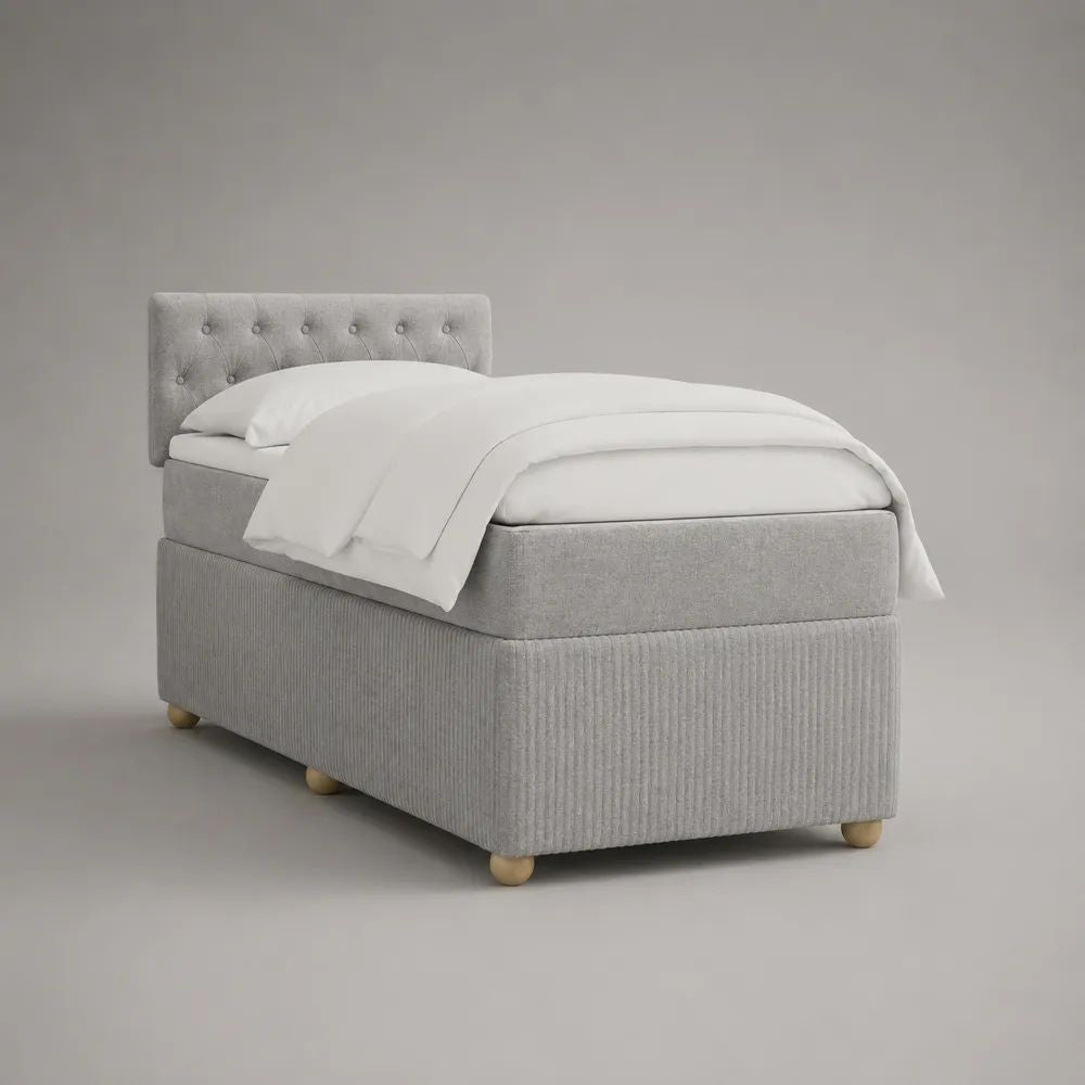 Letto singolo imbottito grigio chiaro 100 x 200 x 110 cm, superficie 90 x 190 cm, con materasso e testiera capitonné in tessuto