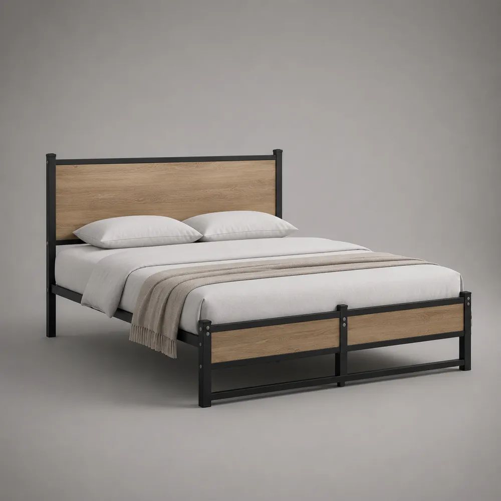 Letto matrimoniale 160 x 200 cm nero e rovere naturale, struttura in acciaio e pannelli MDF, 207 x 166 x 110 cm