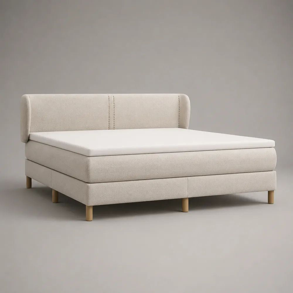 Letto matrimoniale boxspring in tessuto beige 160 x 200 cm con materasso, topper bianco e testiera, 178 x 215 x 108 cm