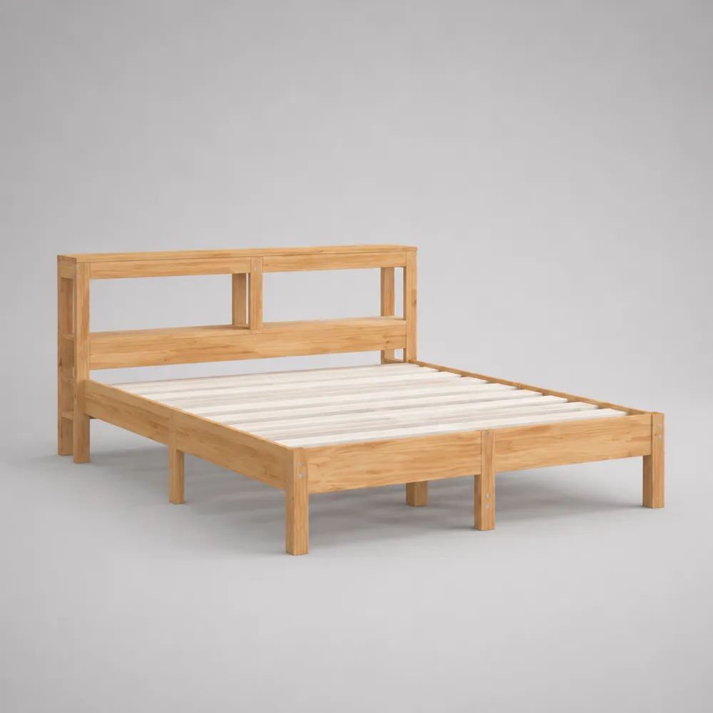 Letto matrimoniale 160 x 200 cm in pino massello naturale con rete a doghe bianca e testiera a giorno