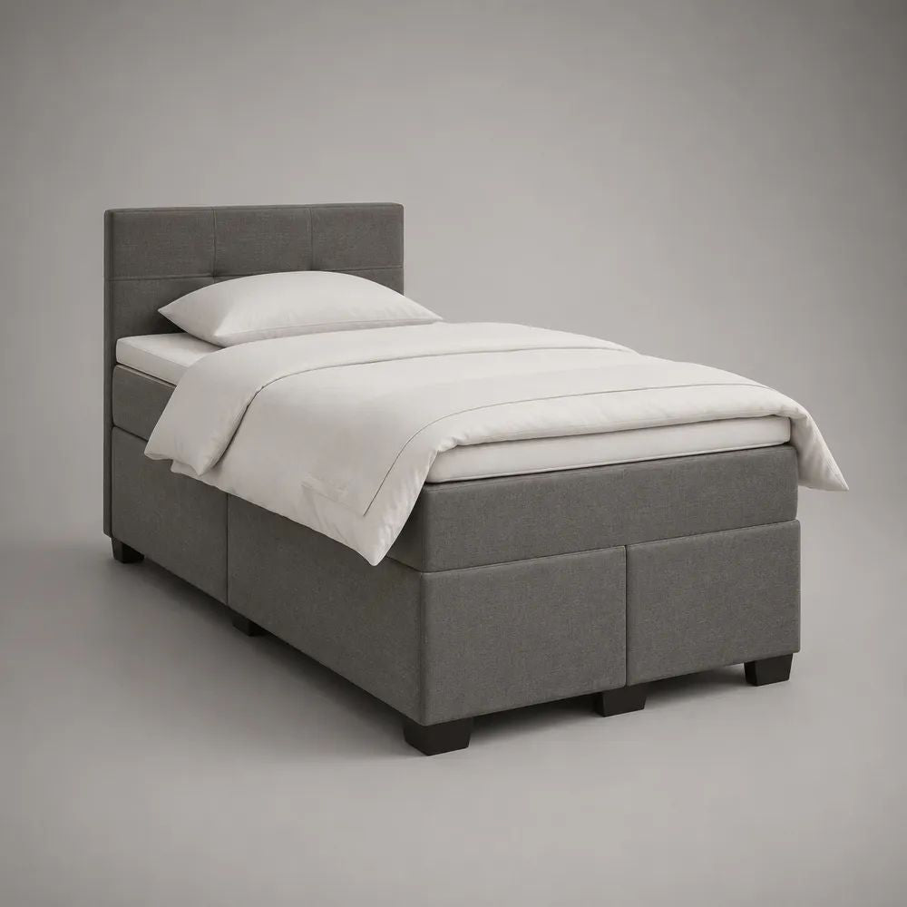Letto singolo imbottito grigio in tessuto con testiera, 210 x 100 x 110 cm, rete 90 x 200 cm