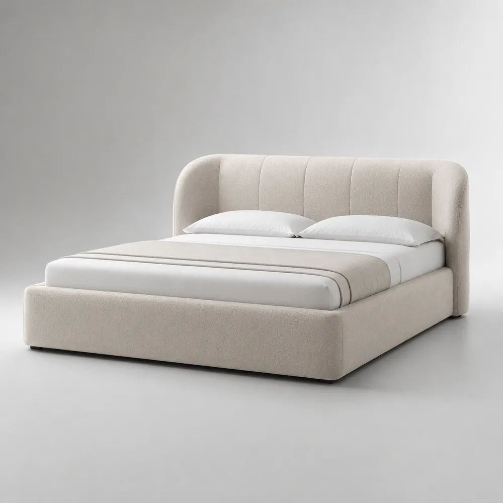 Letto matrimoniale imbottito crema in poliestere bouclé con testiera, per materasso 160 x 200 cm, dimensioni 224 x 184 x 105 cm