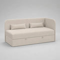 Letto singolo imbottito in tessuto beige 90 x 200 cm con contenitore, schienale, braccioli e 2 cuscini