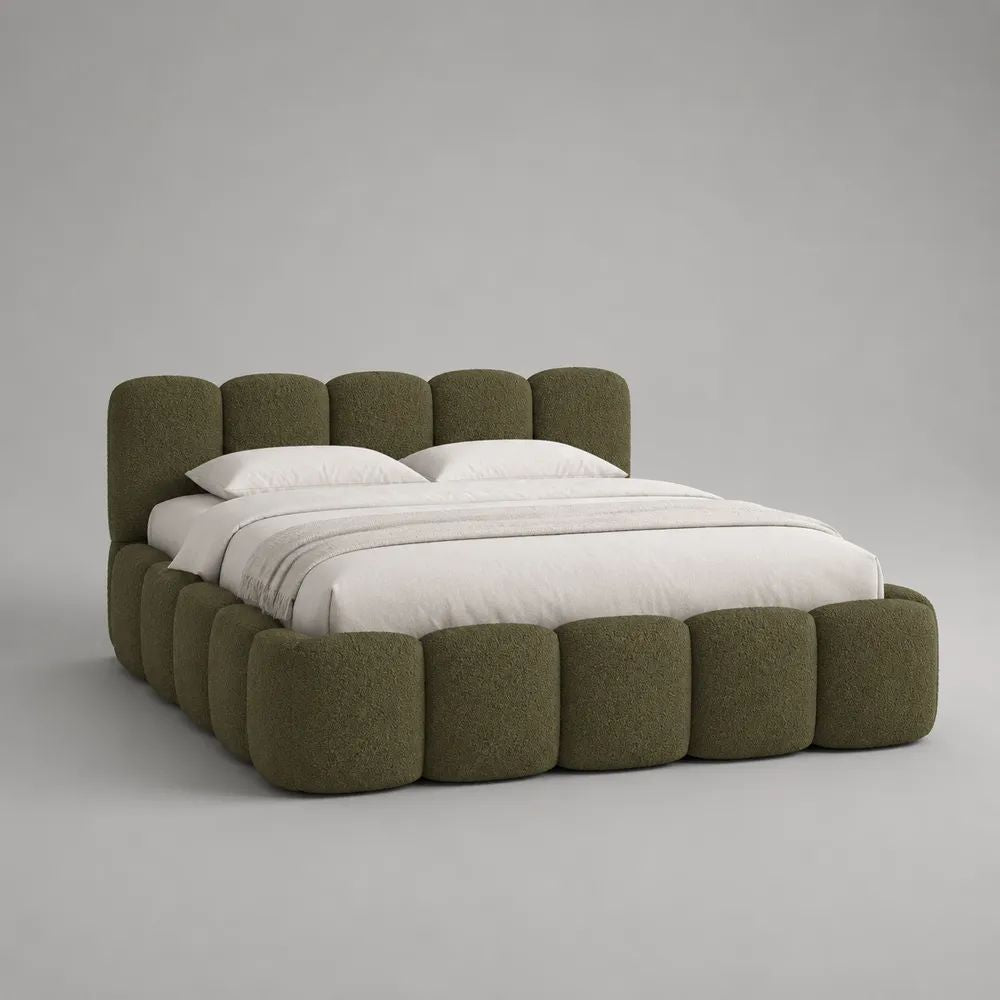 Letto matrimoniale contenitore imbottito in tessuto verde oliva, 222 x 228 x 110 cm, rete 160 x 200 cm