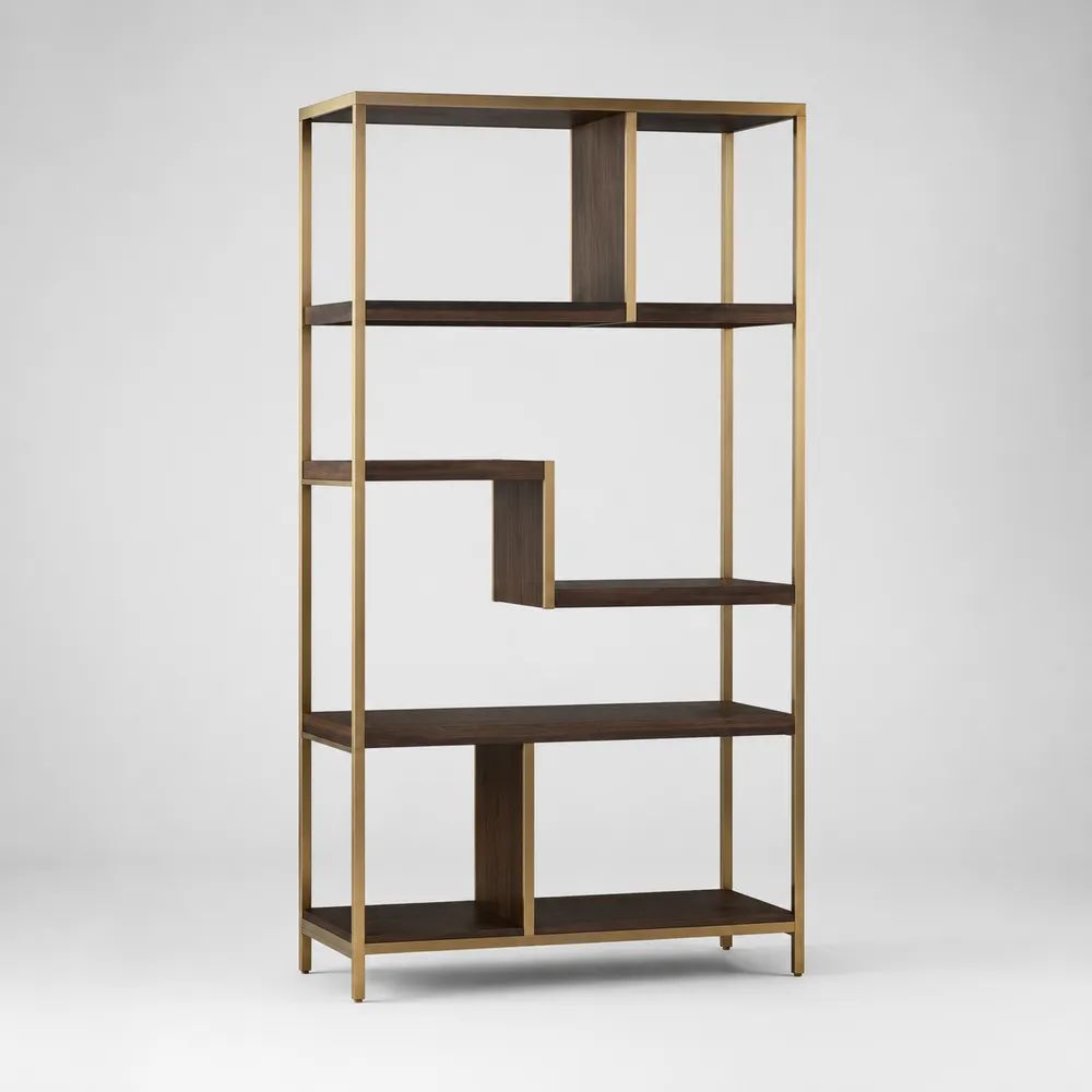Libreria da terra rettangolare in legno e metallo con 6 ripiani asimmetrici, marrone noce e oro, 100 × 35 × 180 cm